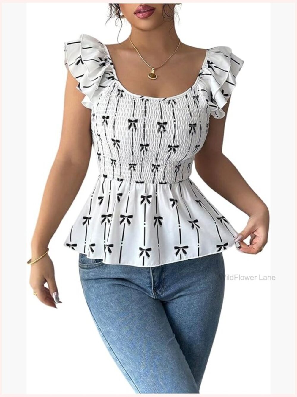 Ruffle Cap Sleeve Peplum Blouse Bow Print Scoop Neck Smocked Dressy Top